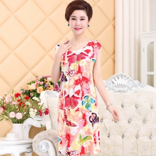 人造棉绵绸连衣裙家居 裙加大码 中老年纯棉绸睡衣女夏季 r睡裙无袖