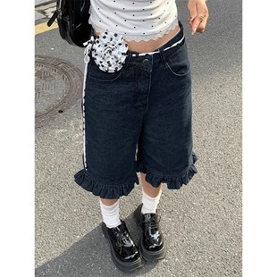 五分裤 复古宽松荷叶边阔腿牛仔短裤 Q高腰显瘦中裤 新款 女2025夏季