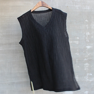打底马甲透气吸汗大码 背G心汗衫 衫 男夏复古褶皱棉麻V领鸡心领无袖