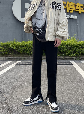 2023休闲新款高街百搭黑色fogE侧拉链直筒宽松弹力显瘦长裤男