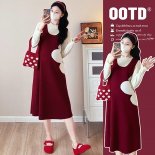 针织连z衣裙假两件拼色裙子秋冬怀孕打底 设计感长袖 孕妇装 秋冬装