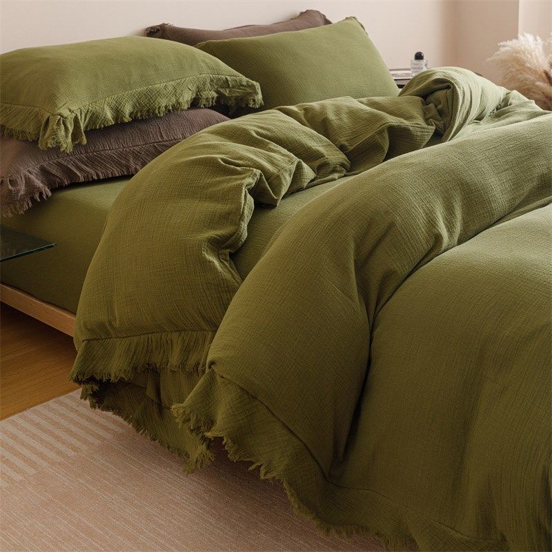 纯棉双层纱皱皱纱四件套简约素色流苏花边a类全棉纱布床品春夏季