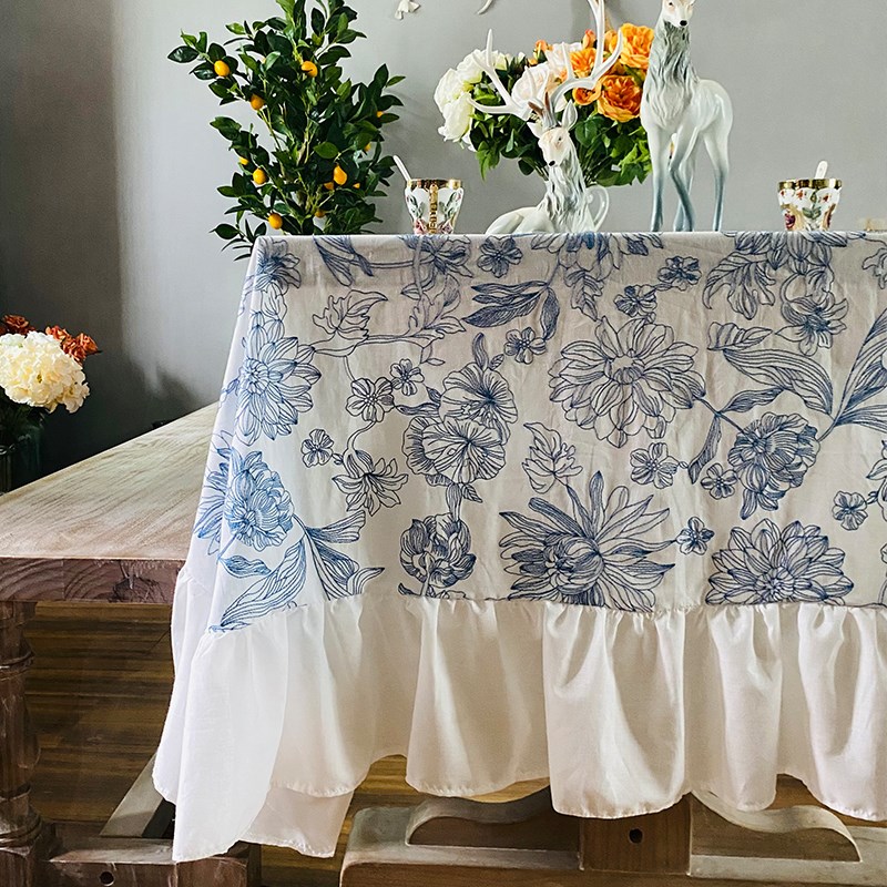 法式浪漫浮花餐桌布花园室外圆桌布高级感刺绣防水棉桌布茶几盖布