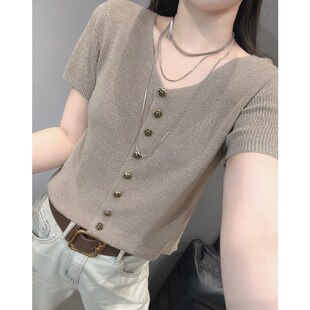夏新款纽扣V领冰丝针织短袖开衫女气质简约修身显瘦百搭欧货上衣