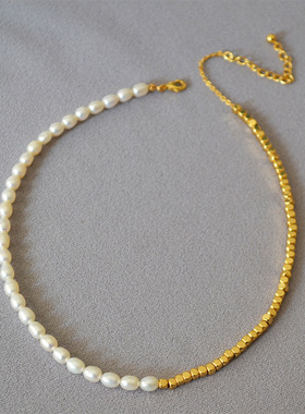 日韩版简约时尚淡水珍珠个性切面闪耀气质感金珠拼接项链锁骨链女