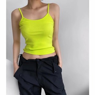 荧光绿色吊带背心女内搭纯棉夏季百搭肩带可调节露锁骨Z短款上衣