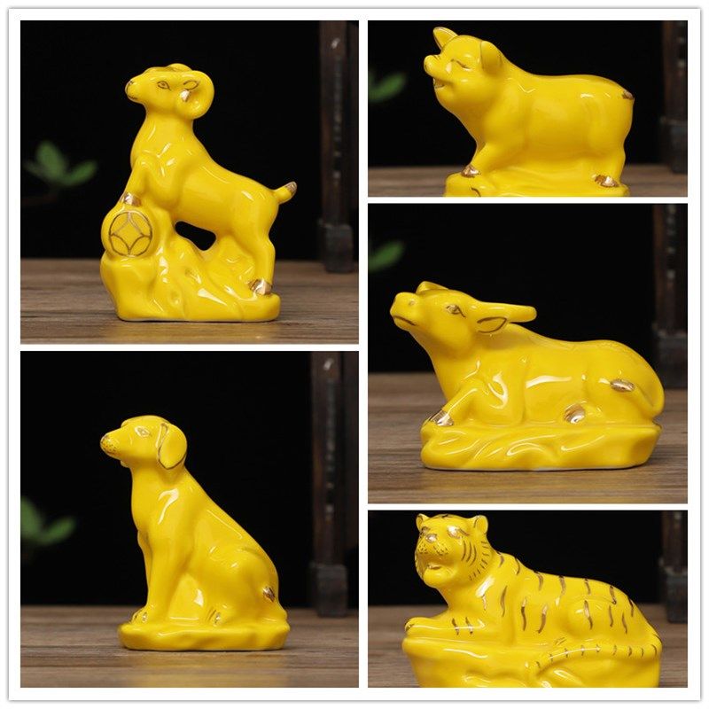 陶瓷12十二生肖小号黄色摆件招财风水鼠牛虎属兔龙蛇马羊猴鸡狗猪,家居饰品,桌面摆件,淘宝优惠券,粉丝福利购,淘宝优惠卷