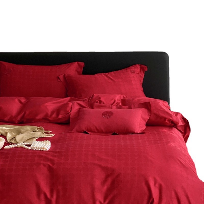 大红色婚房四件套全棉纯棉床单被套结婚喜庆新婚嫁高档Z长绒棉床