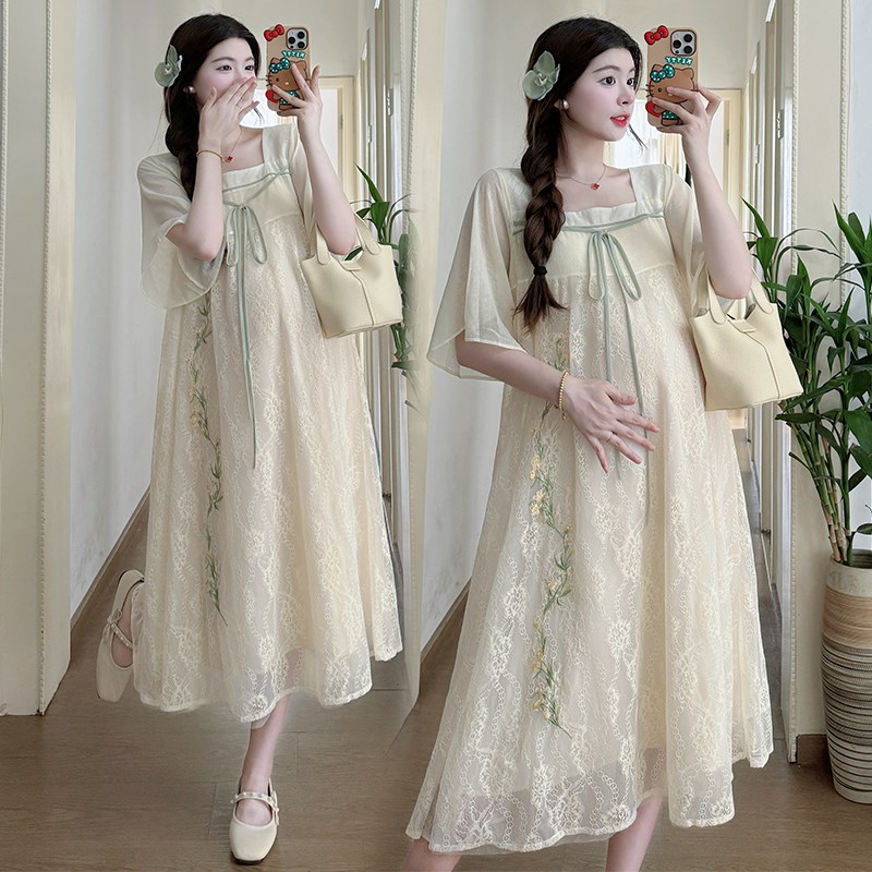 2025夏季新款孕妇装新中式改良汉服蕾丝刺绣宽松显瘦孕妈妈连衣裙