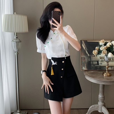 复古气质白色提花中式旗袍衬衫上衣高腰短款不规则A字半身裙两件