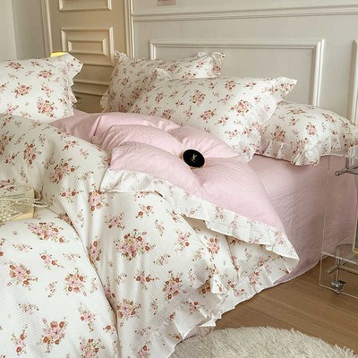 韩系公主花边水洗棉四件套床品非纯棉全棉花边被套床单学生宿舍笠