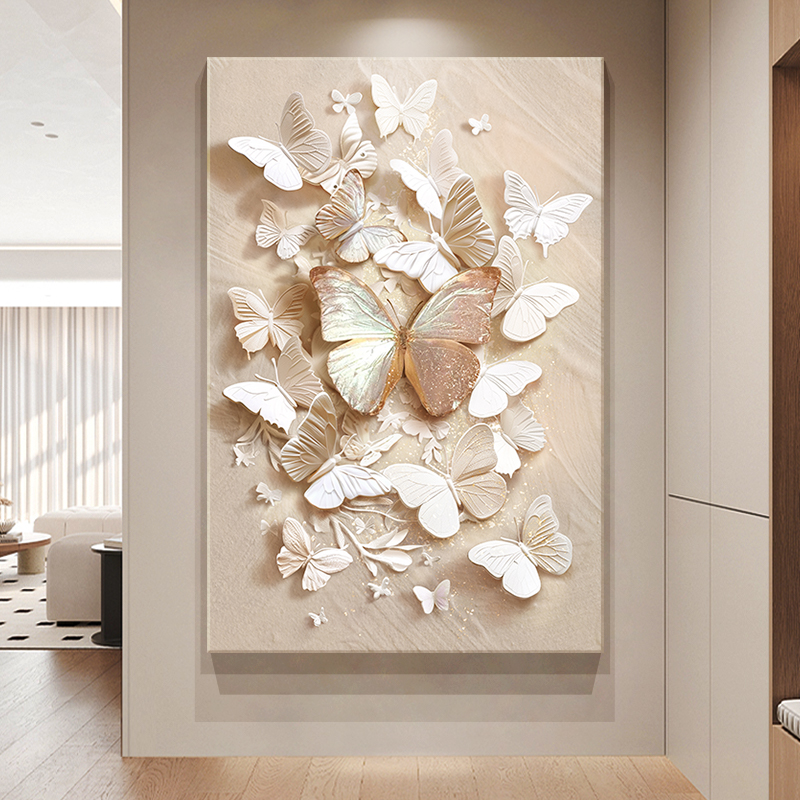 奶油风蝴蝶玄关装饰画立体高级感浮雕肌理画客厅沙发背景墙壁挂画图片