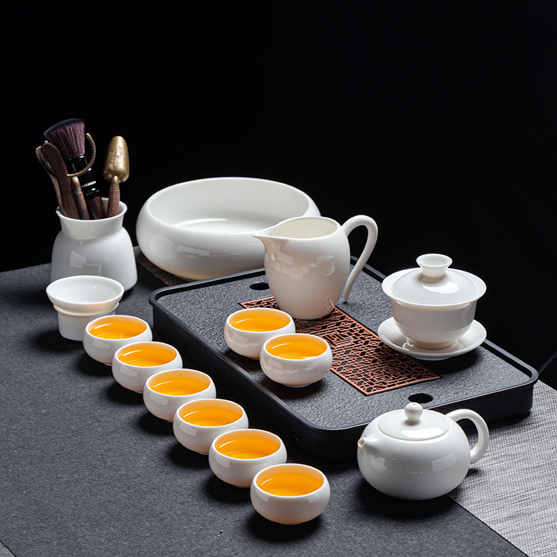 羊脂玉白瓷功夫茶具套装家用办公泡茶壶盖碗茶杯陶瓷高档轻奢送礼