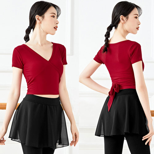 拉丁舞练功服现代舞m演出服艺考短袖舞蹈服显瘦瑜伽服上衣后背系