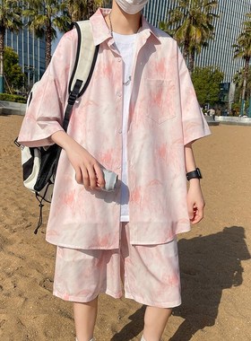 大尺码休闲 沙滩套装男夏季三亚旅行穿搭短裤夏威夷T风短袖衬