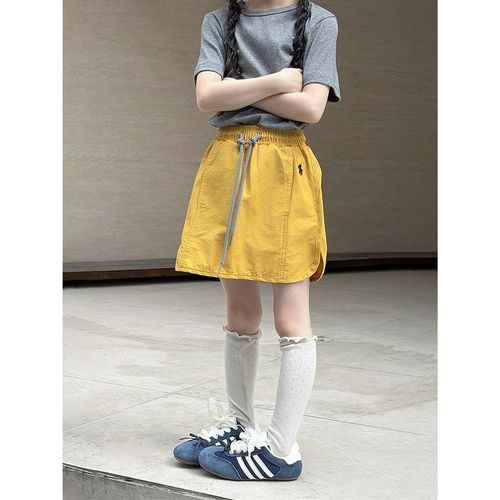 2025夏季韩版女童工装风抽绳松紧腰D短裙女宝宝刺绣百搭开 叉