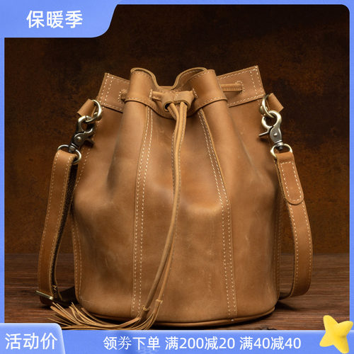复古牛皮水桶包女真皮包包耐磨2023新款复古大容量单X肩斜挎包抽