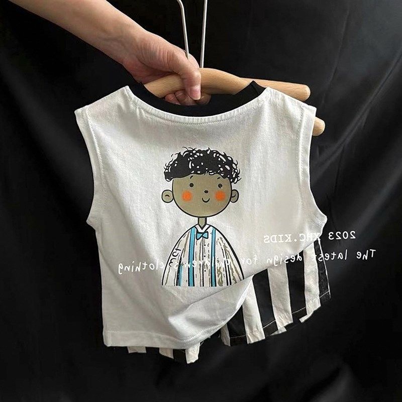 纯棉男新款韩系中小童儿童童背心套装2023M夏季装短袖短裤两件套