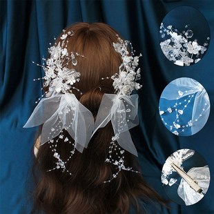 新娘头饰韩式手工仙美花瓣边夹婚纱礼服影楼拍照饰品流苏头纱发夹