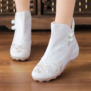 布 短靴女古风z汉服单靴子软底防滑内增高古装 秋冬季 民族风绣花鞋