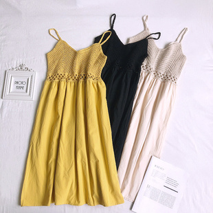 百搭小清新镂空针织拼接V领吊带高腰A字连衣裙 新款 2020夏季 韩h版