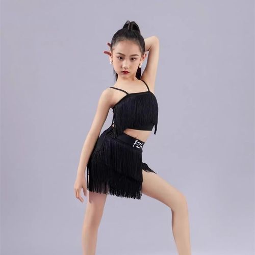 2024夏季新款拉丁舞女童三色专业练功服高端演出分W体流苏吊带套