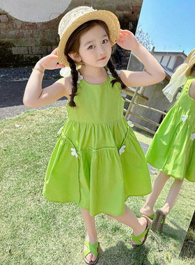 女童连衣裙夏f季高级感2024新款女孩宝宝夏装纯棉儿童夏款绿色裙