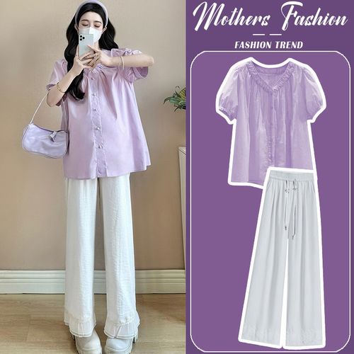 孕妇套装夏2025新款紫色V领减龄显瘦时尚M短袖衬衫上衣裤子两件套
