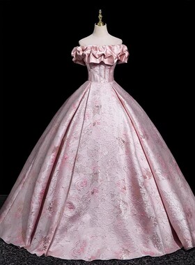 一字肩粉b色18岁成人礼晚礼服裙学生高中生毕业礼服主持艺考公主