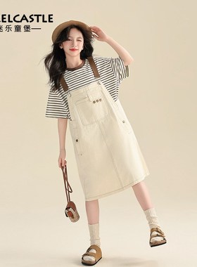 女童背带a裙套装夏季2024新款韩版儿童装时髦大童女装公主裙子夏