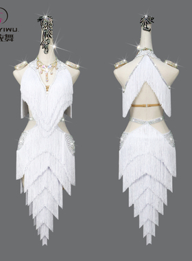 2022新款专业白色拉丁舞比赛表演出服伦巴舞蹈R流苏连衣裙花服定