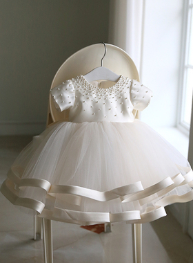 儿童礼服公主裙花童婚纱冬款x纱裙钢琴演出服小主持人晚礼服白色