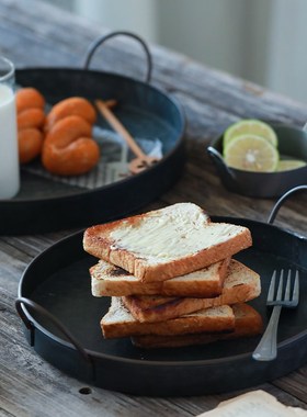 复古个性家居做i旧调性铁艺圆形双耳托盘欧式水果盘子美食摆盘摆
