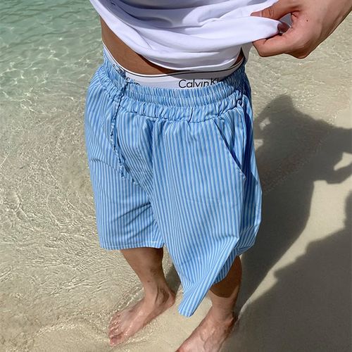 夏季蓝色条纹短裤男女宽松休闲抽绳沙滩阔腿裤度假百W搭情侣五分