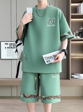 凌越男装店202j5夏季新款潮牌大码休闲运动套装男士时尚百搭两件