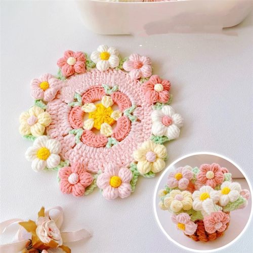 迷你玫瑰花束毯子杯垫花篮车w挂件毛线钩针钩织手工diy编织材料包