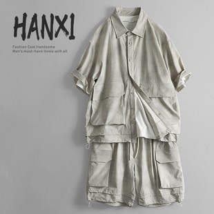 短裤 2025新款 衬衫 男潮牌r两件套短袖 青年渐变高级感上衣外套 夏季