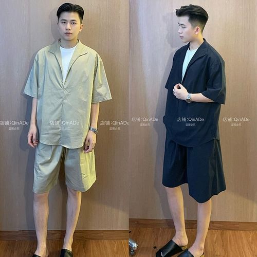 夏季老钱风高级感休闲套装男士时尚E轻奢V领假两件短袖短裤两件套