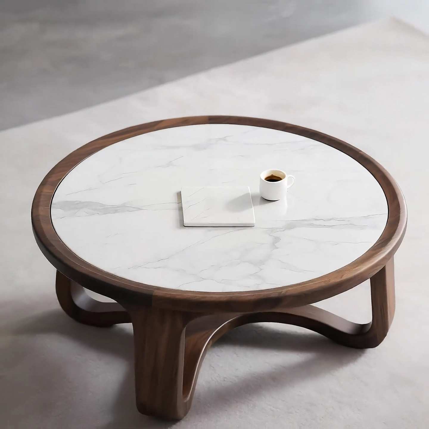 北美黑胡桃木岩板茶几边几圆形沙发桌子简约现代别墅客厅实木矮桌