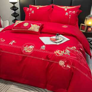 长绒棉百子图婚庆四件套纯棉大红喜被结婚床上用品婚嫁妆六件套