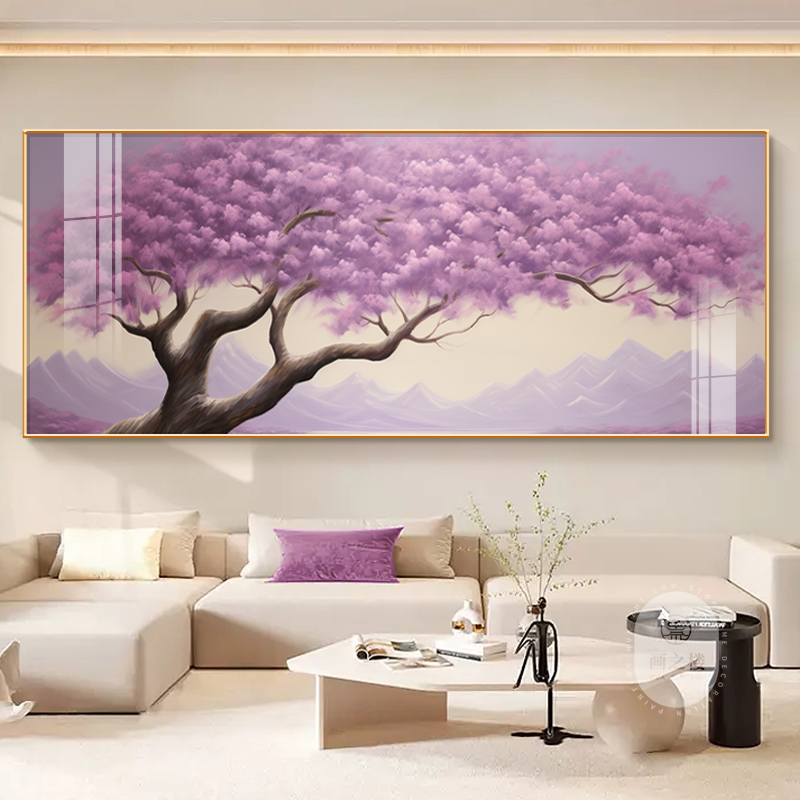 现代简约客厅装饰画紫气东来发财树沙发背景墙新中式招财横版挂画图片