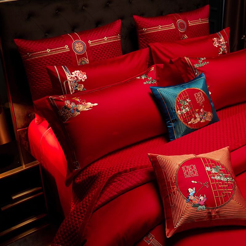 高端刺绣百子图全棉婚庆四件套红色喜被结婚陪嫁长绒棉床上用品