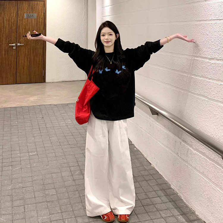 高级感黑色长袖t恤女纯棉2025新款早秋韩版宽松慵懒风打底衫上衣
