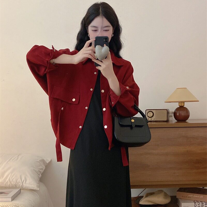 大码女装胖mm红色长袖外套背心连衣裙两件套穿搭秋季搭配一整套装