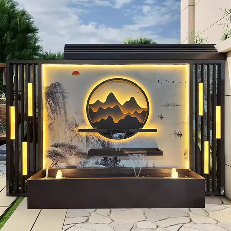 不锈钢定制中式流水背景墙影壁墙户外庭院别墅金属园林水幕墙屏风