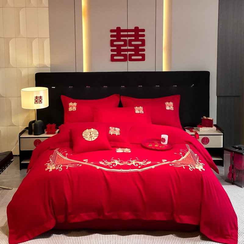 新款中式婚庆四件套红色刺绣婚房婚礼绣花喜被结婚被套罩床上用品