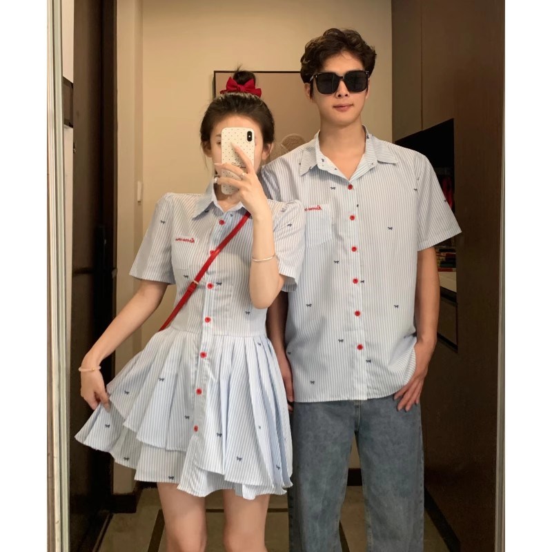 法式情侣装夏季一裙一衣条纹衬衫小众设计感2025新款潮流网红高级