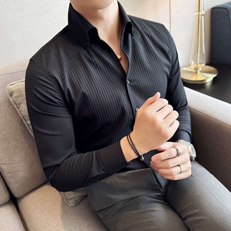 一片领男士条纹衬衫高级感V领设计感商务休闲长袖帅气意式白衬衣