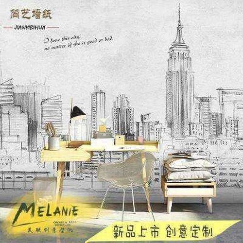 水彩黑白素描建筑壁纸抽象欧式城W市风景客厅壁画简约手绘背景墙