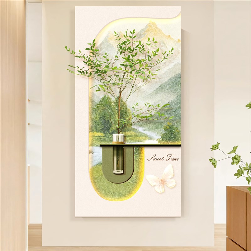 现代简约立体入户玄关装饰画奶油风绿植走廊过道背景墙壁晶瓷挂画图片
